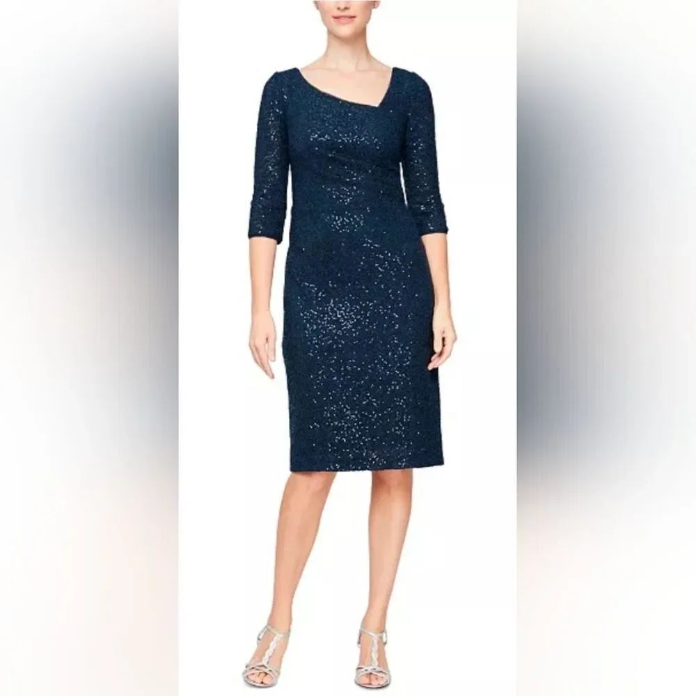 Alex Evenings Asymmetric Sequin Embellished Lace Sheath Dress NWT Size 14 Blue